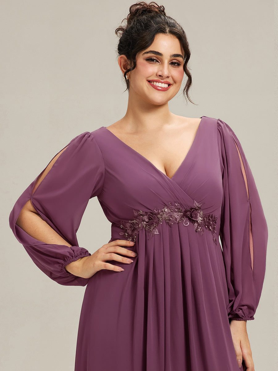 Elegant Chiffon V-Neckline Long Sleeve Formal Evening Dress #color_Damson