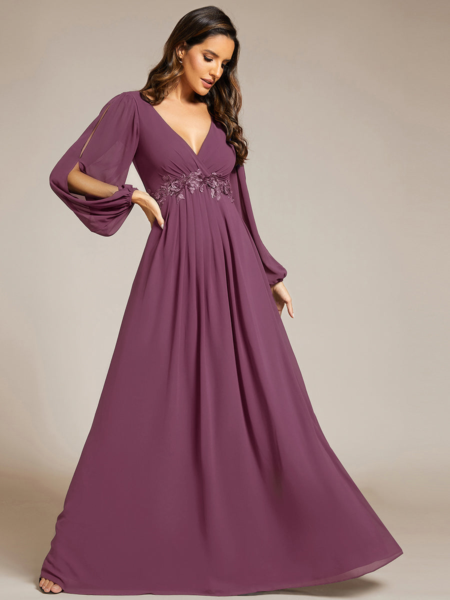 V-Neck Long Split Sleeve Empire Waist Applique Wedding Dress #color_Damson