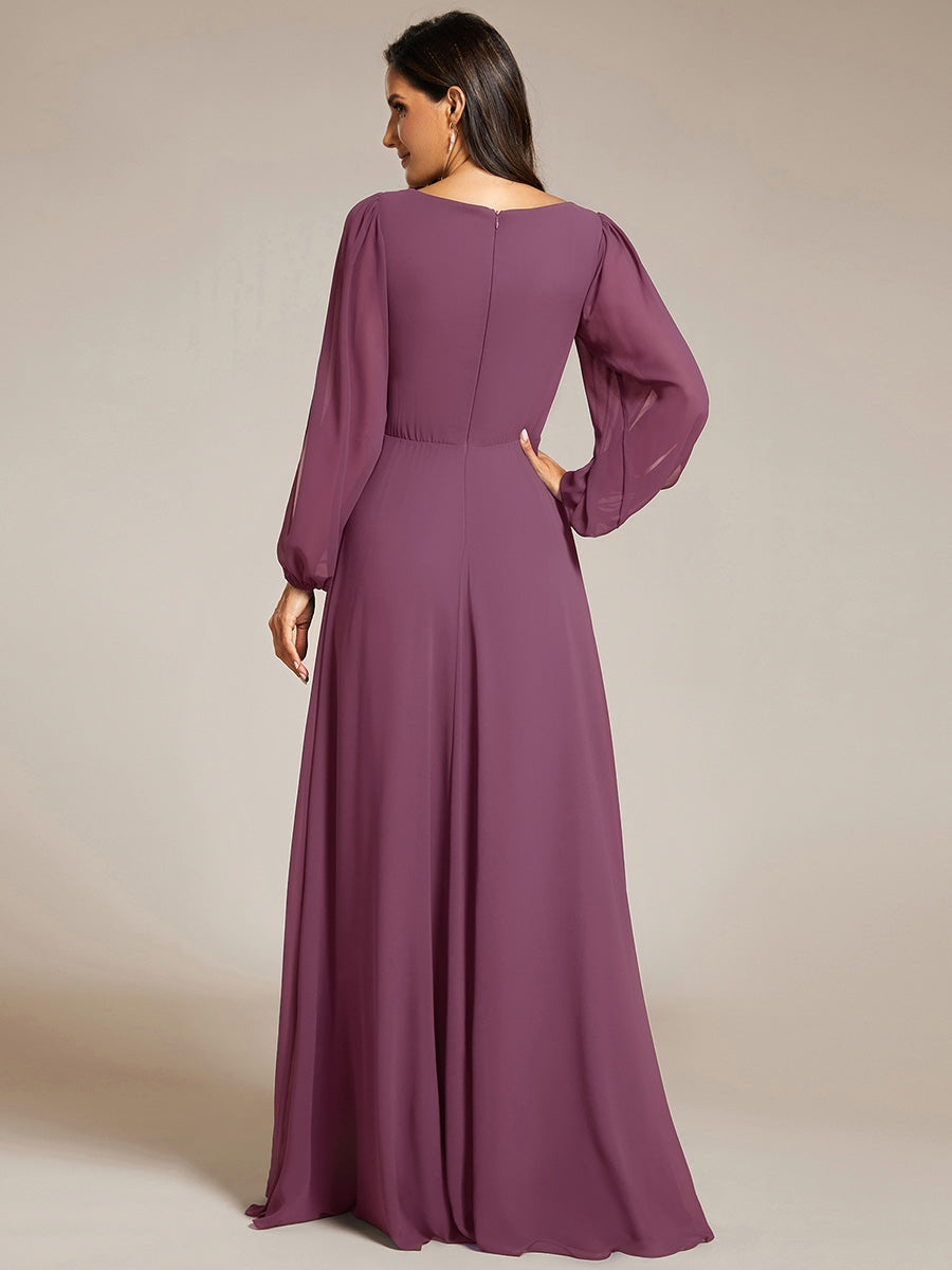 V-Neck Long Split Sleeve Empire Waist Applique Wedding Dress #color_Damson