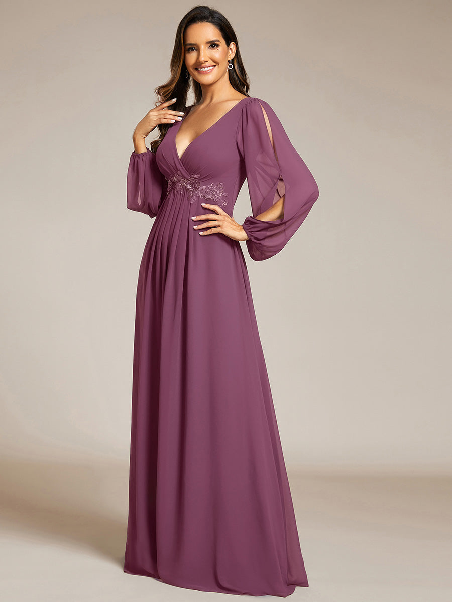 V-Neck Long Split Sleeve Empire Waist Applique Wedding Dress #color_Damson