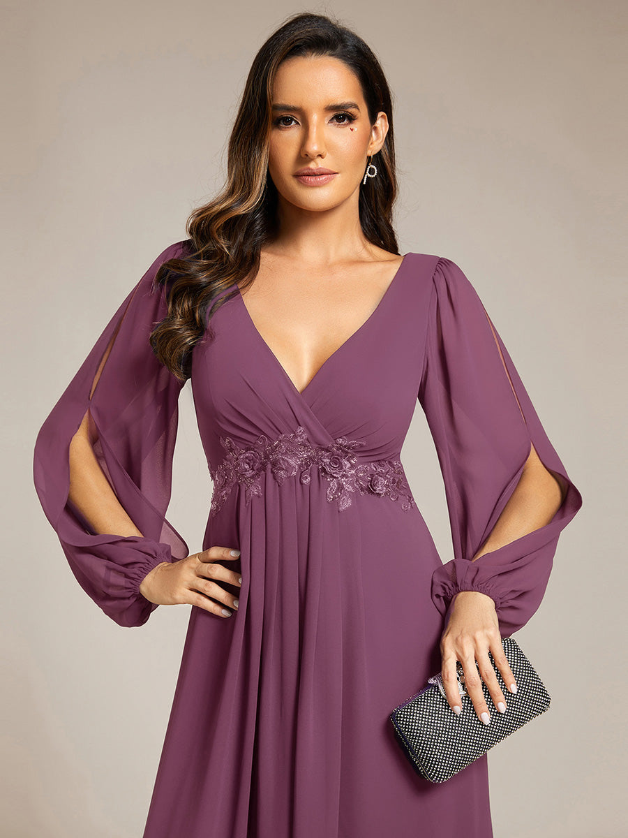 Elegant Chiffon V-Neckline Long Sleeve Formal Evening Dress #color_Damson