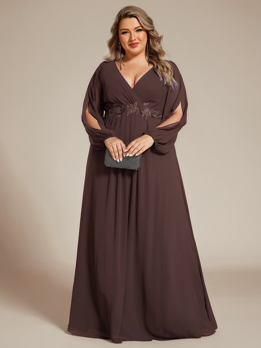V-Neck Long Split Sleeve Empire Waist Applique Wedding Dress #color_Espresso