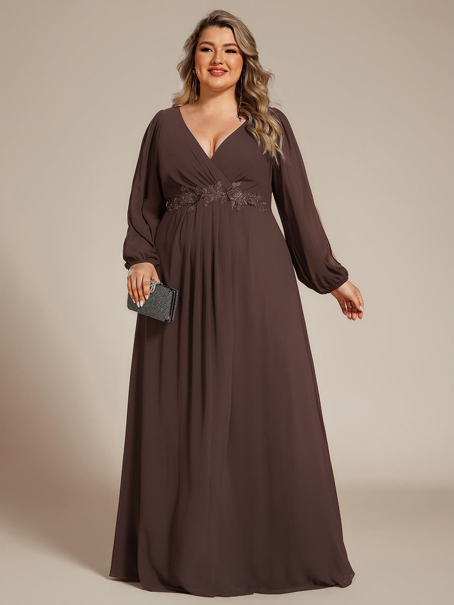 Elegant Chiffon V-Neckline Long Sleeve Formal Evening Dress #color_Espresso