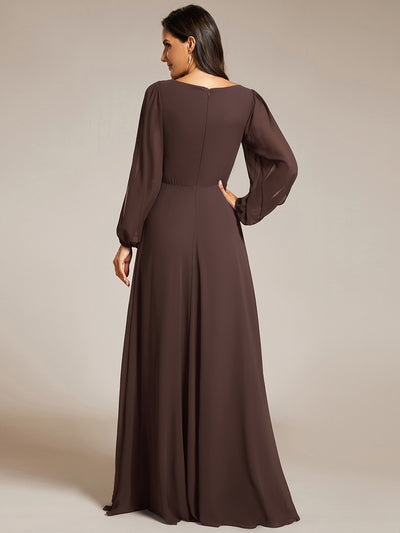 Elegant Chiffon V-Neckline Long Sleeve Formal Evening Dress #color_Espresso