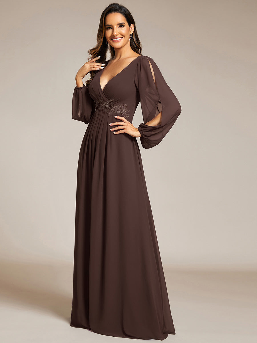 Elegant Chiffon V-Neckline Long Sleeve Formal Evening Dress #color_Espresso