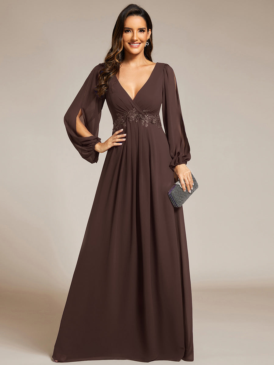 Elegant Chiffon V-Neckline Long Sleeve Formal Evening Dress #color_Espresso