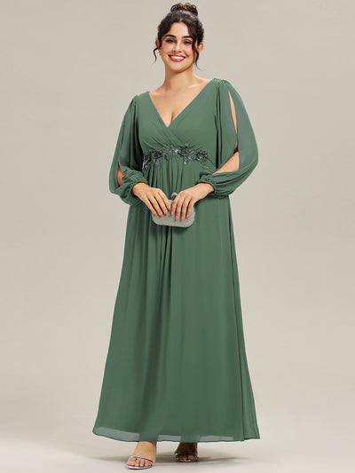 Stylish Plus Size Chiffon Formal Evening Dresses with Long Lantern Sleeves #color_Eucalyptus
