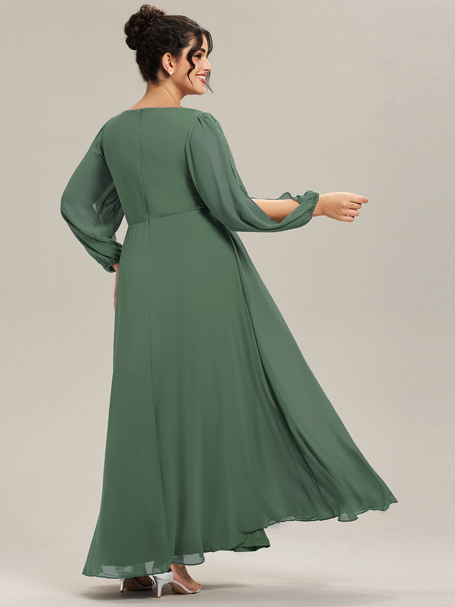 Elegant Chiffon V-Neckline Long Sleeve Formal Evening Dress #color_Eucalyptus