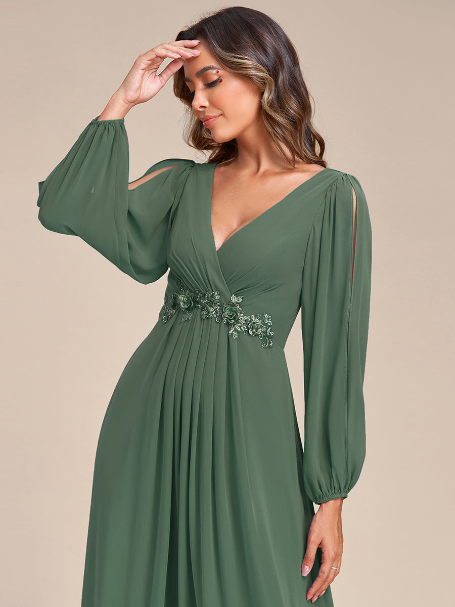 Elegant Chiffon V-Neckline Long Sleeve Formal Evening Dress #color_Eucalyptus