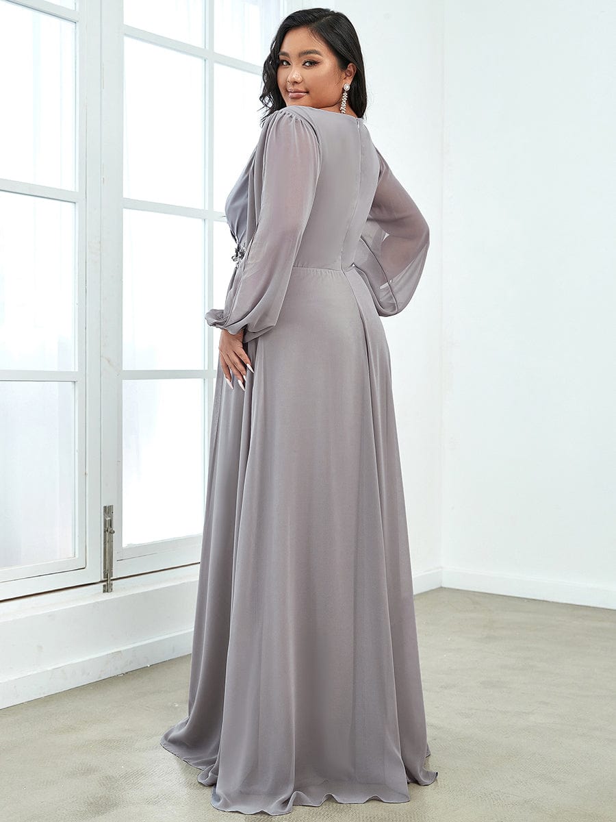 Stylish Plus Size Chiffon Formal Evening Dresses with Long Lantern Sleeves #color_Grey