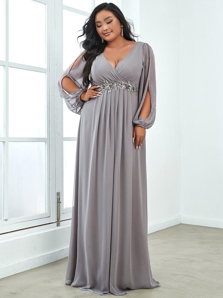 Stylish Plus Size Chiffon Formal Evening Dresses with Long Lantern Sleeves #color_Grey