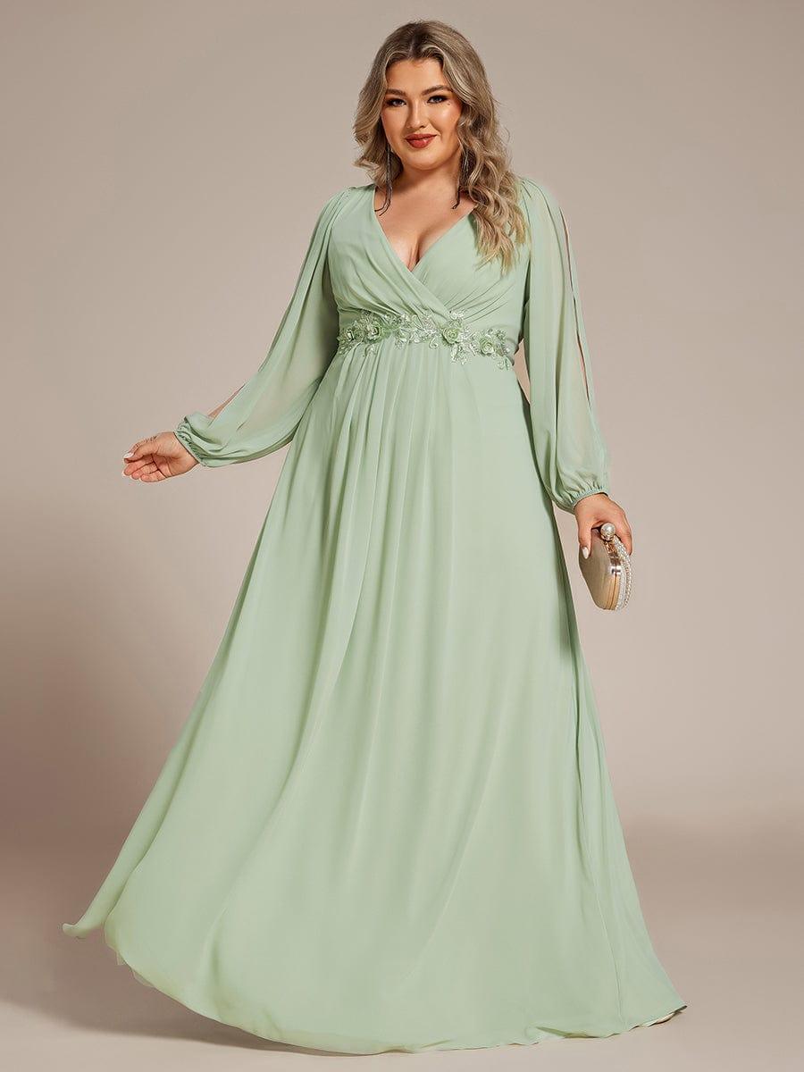 Stylish Plus Size Chiffon Formal Evening Dresses with Long Lantern Sleeves #color_Mint Green