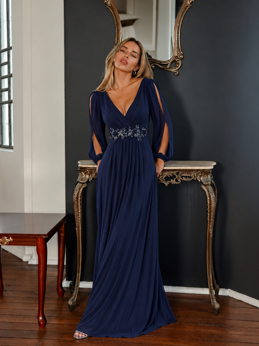 ever AMOUR|Elegant Chiffon V-Neckline Long Sleeve Formal Evening Dress