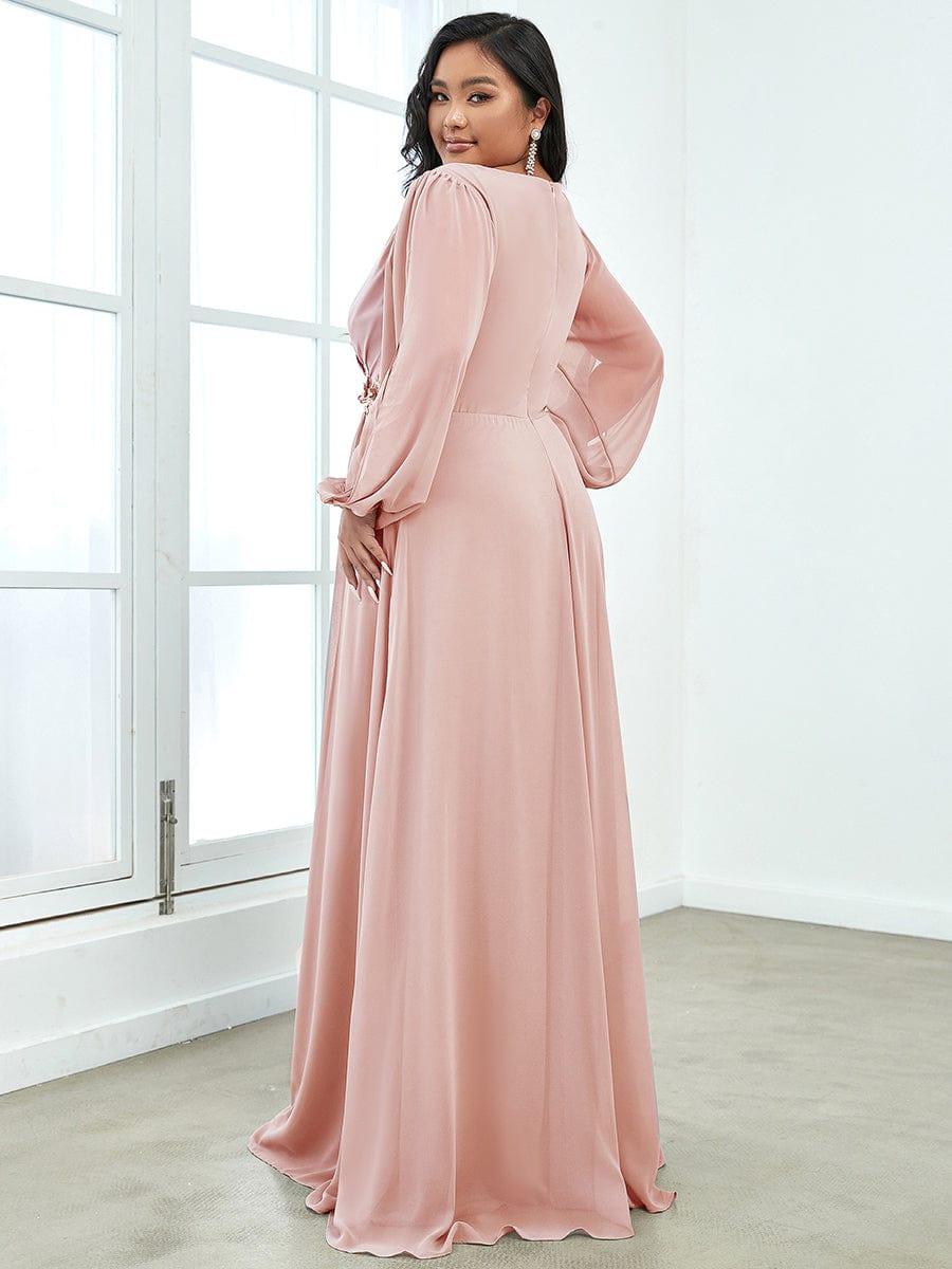 Stylish Plus Size Chiffon Formal Evening Dresses with Long Lantern Sleeves #color_Pink