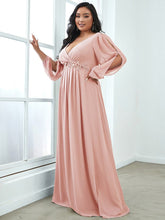 Stylish Plus Size Chiffon Formal Evening Dresses with Long Lantern Sleeves #color_Pink