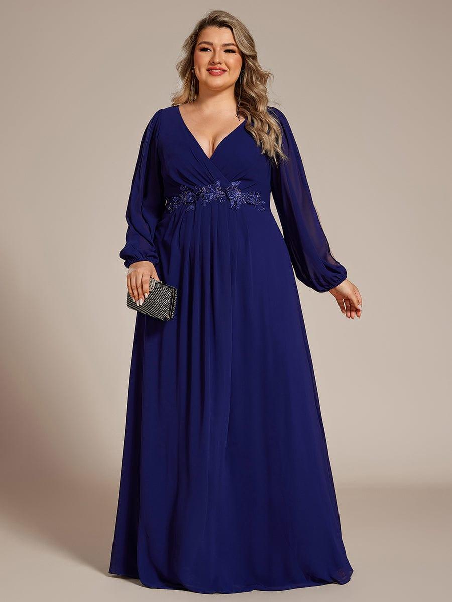 Stylish Plus Size Chiffon Formal Evening Dresses with Long Lantern Sleeves #color_Royal Blue