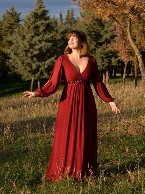 pretty AMOUR|Stylish Plus Size Chiffon Formal Evening Dresses with Long Lantern Sleeves Fan Photos 5
