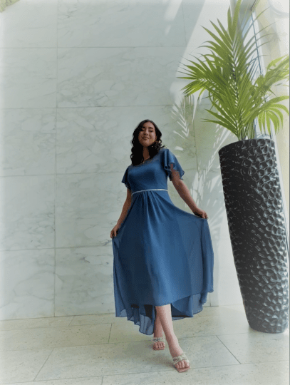 Women's Casual Boat Neck A-Line Midi Dress with Asymmetrical Hems Fan Photos 2
