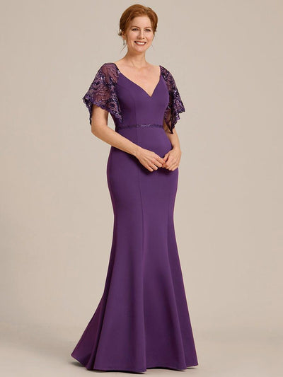 Sexy V Neck Maxi Bodycon Party Dress with Flare Sleeves #Color_Dark Purple