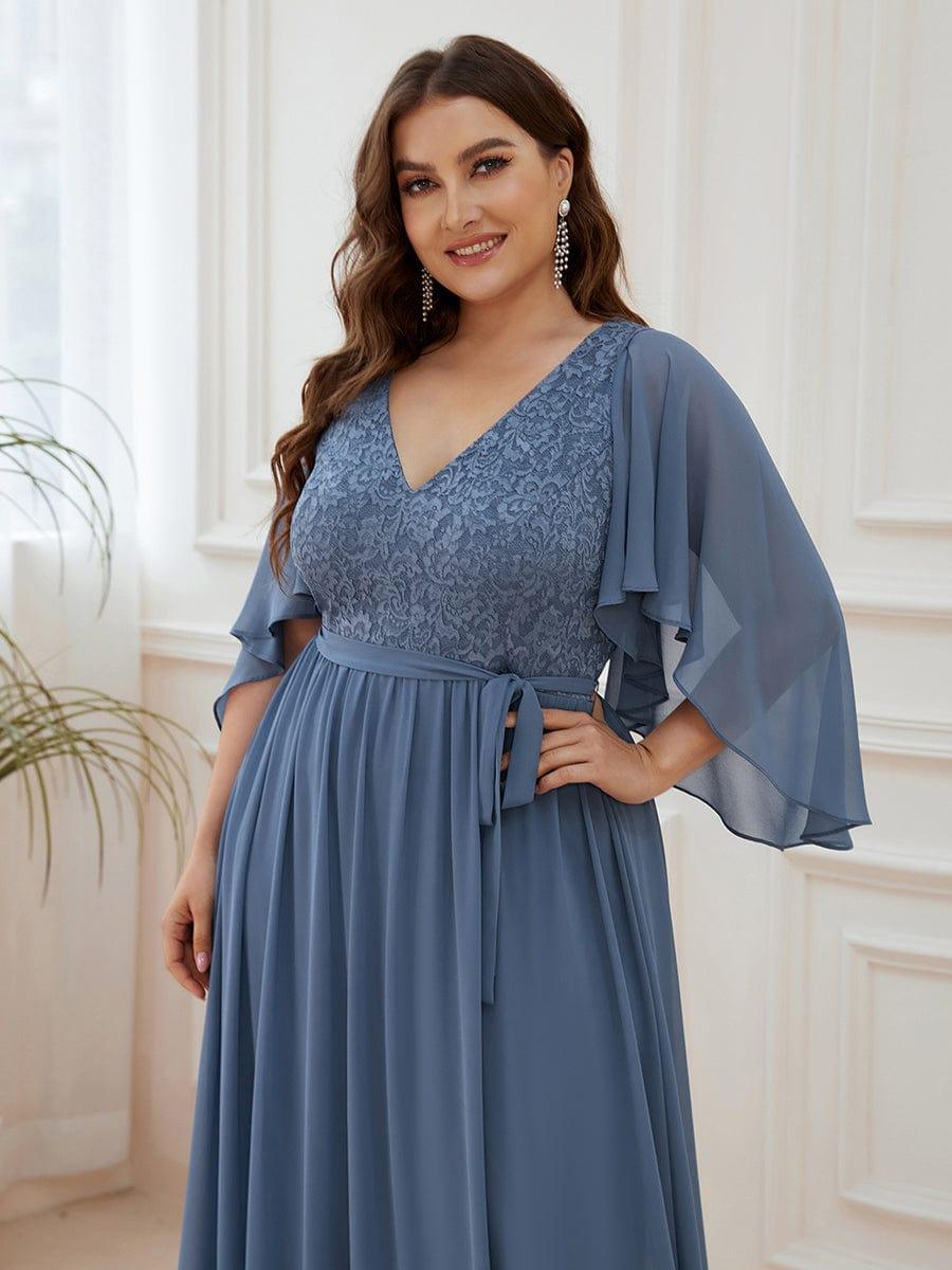 Custom Size Deep V Neck Lace Bodice Long Flowy Evening Dress #color_Dusty Blue