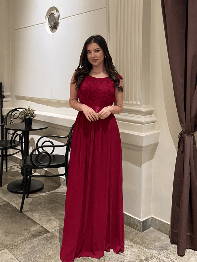 Classic Round Neck V Back Lace Bodice Bridesmaid Dress Fan Photos 2
