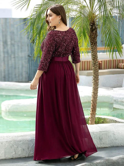 Plus Size Sequin 3/4 Sleeves Dresses #color_Burgundy 