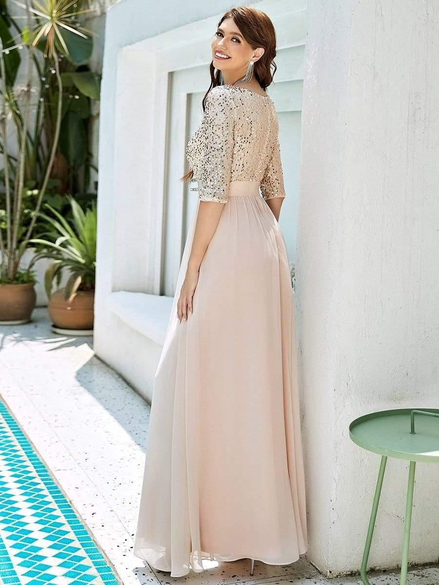 Sequin Round Neckline Dress with Chiffon #color_Blush 