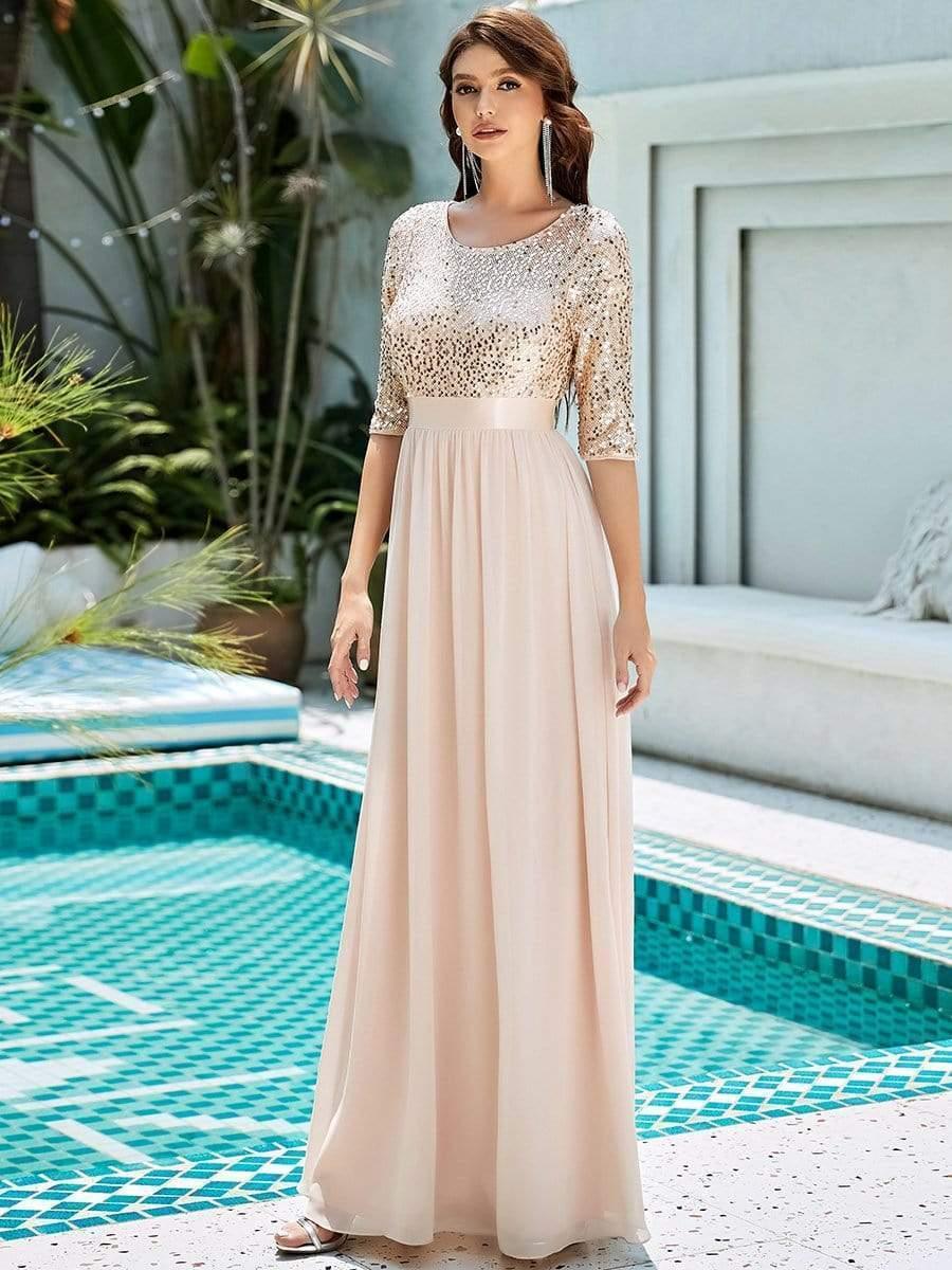 Sequin Round Neckline Dress with Chiffon #color_Blush 