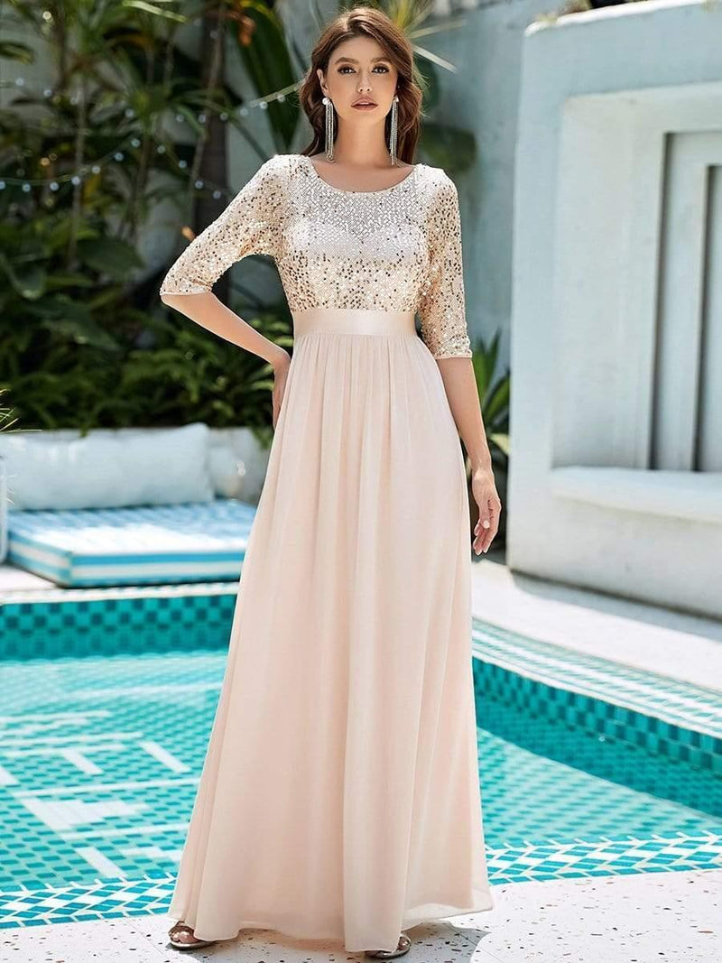 Elegant Round Neck 3/4 Puff Sleeve Bodycon Sequin Evening Dresses with Paillette