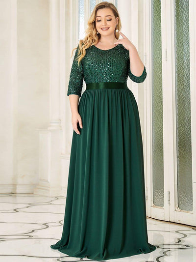 Plus Size Sequin 3/4 Sleeves Dresses #color_Dark Green 