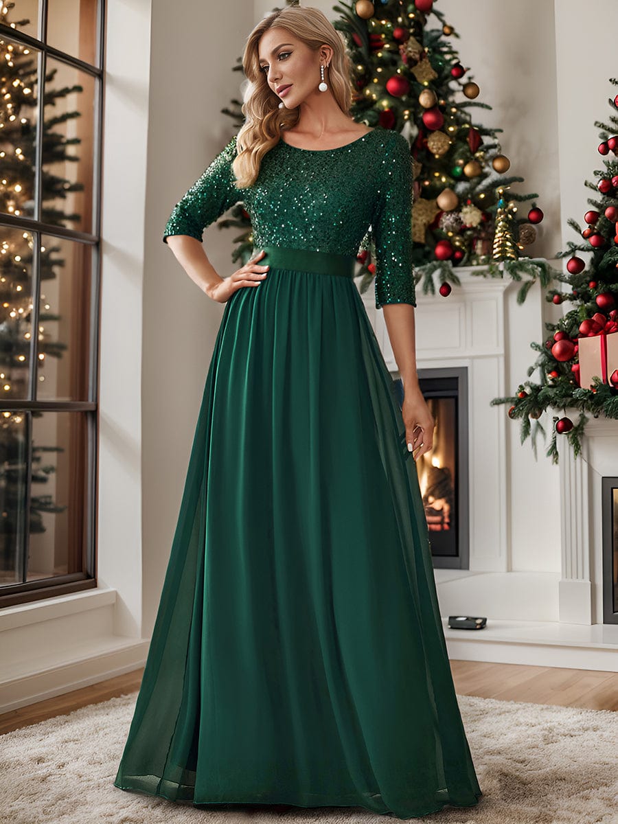Elegant Round Neckline Long Sleeves Sequin Evening Dress #color_Dark Green