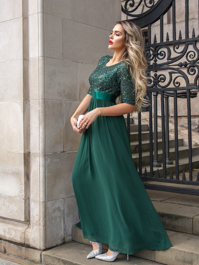ever FLORENCE|Sequin Round Neckline Dress with Chiffon Fan Photos 2

