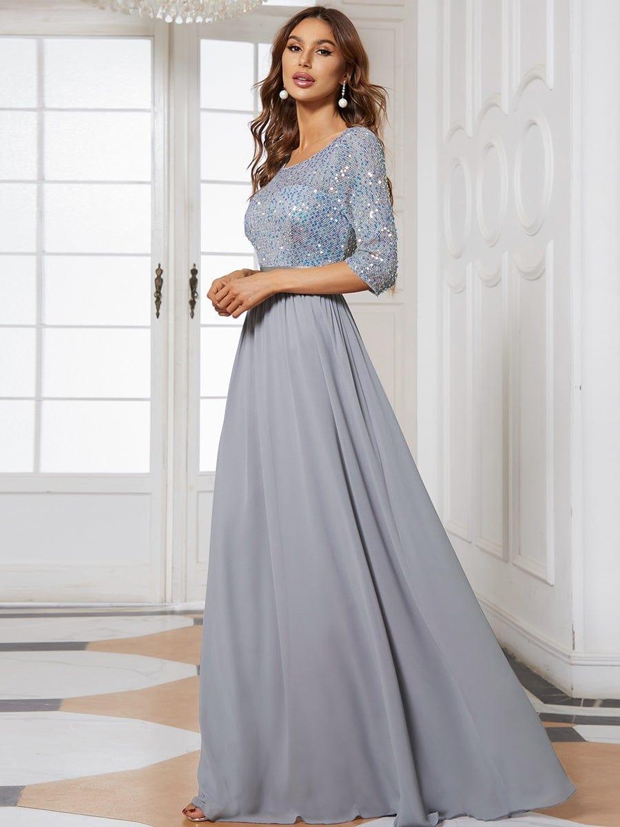 Sequin Round Neckline Dress with Chiffon #color_Silver 