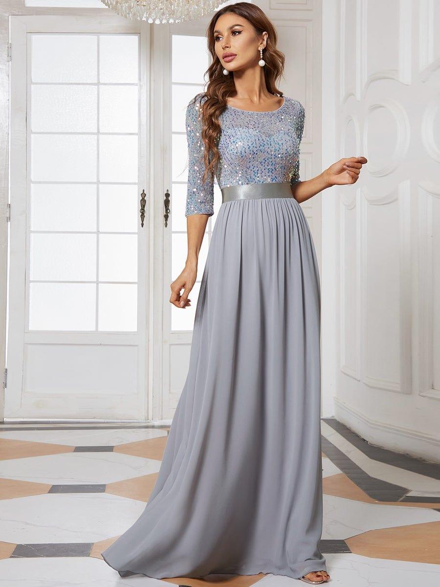 Sequin Round Neckline Dress with Chiffon #color_Silver 
