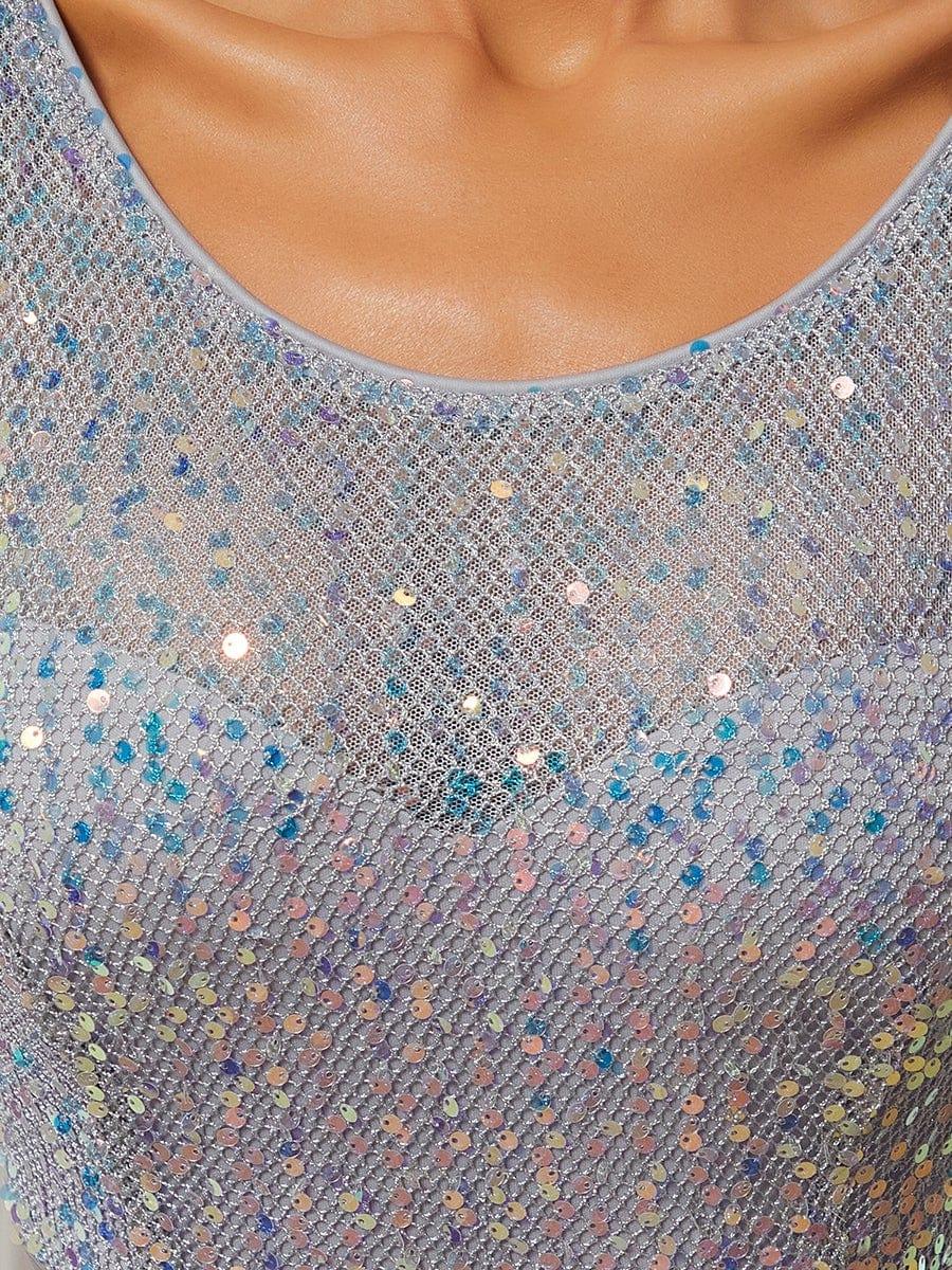 Sequin Round Neckline Dress with Chiffon #color_Silver 