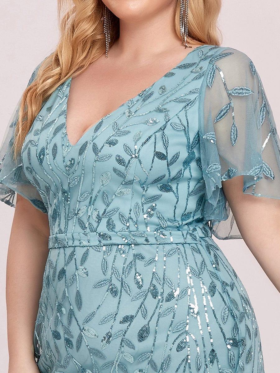 Shiny V Neck Leaf-Sequined Bodycon Formal Evening Dresses #color_Light Teal