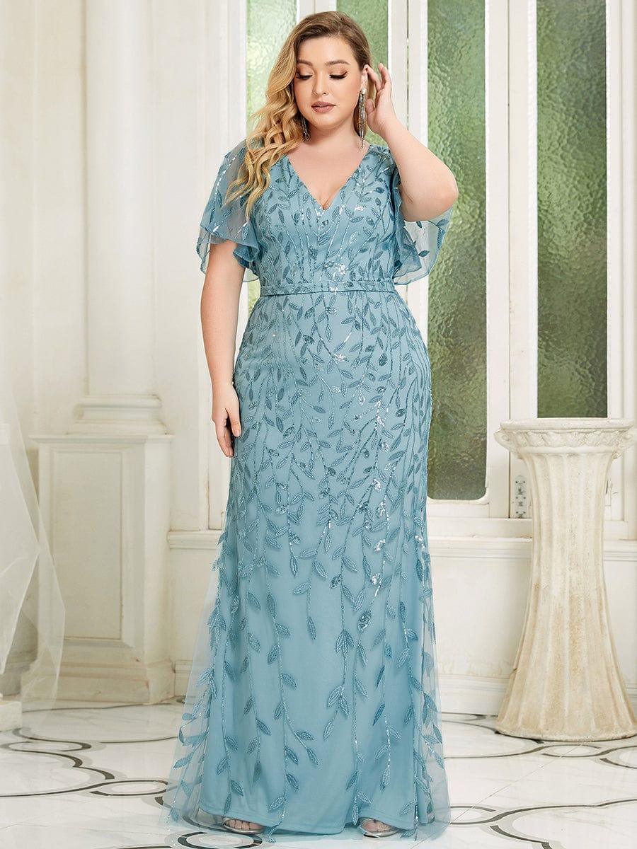 Shiny V Neck Leaf-Sequined Bodycon Formal Evening Dresses #color_Light Teal