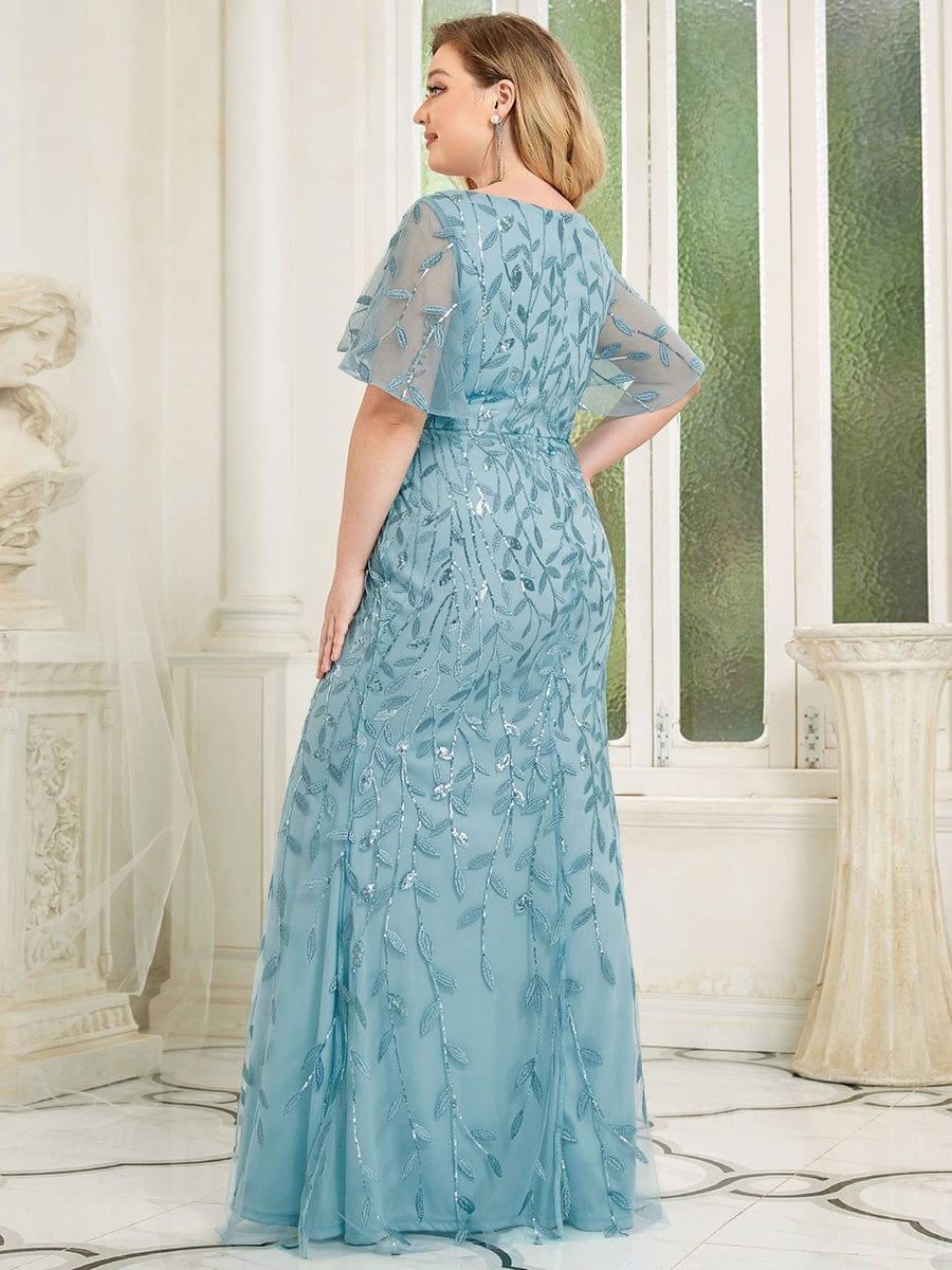 Shiny V Neck Leaf-Sequined Bodycon Formal Evening Dresses #color_Light Teal
