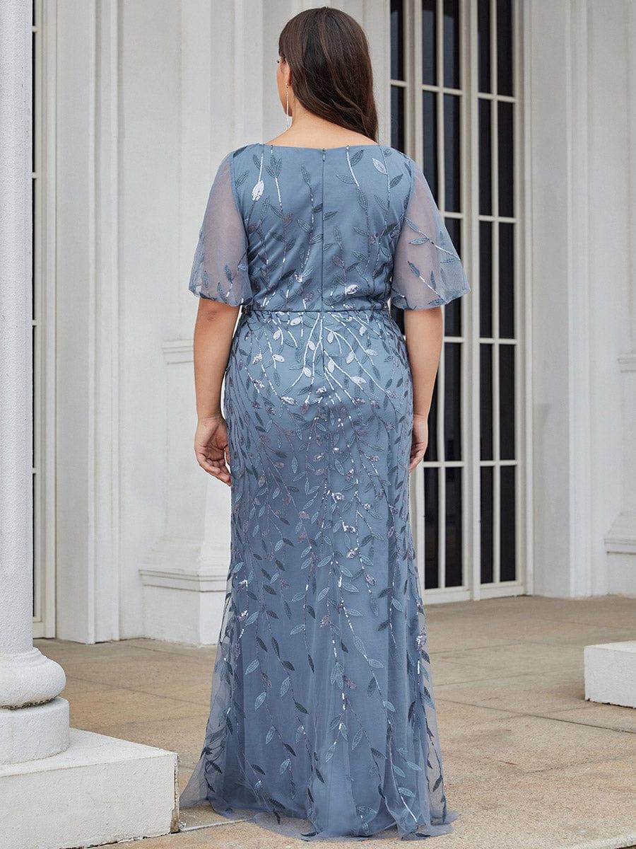 Shiny V Neck Leaf-Sequined Bodycon Formal Evening Dresses #color_Dusty Blue