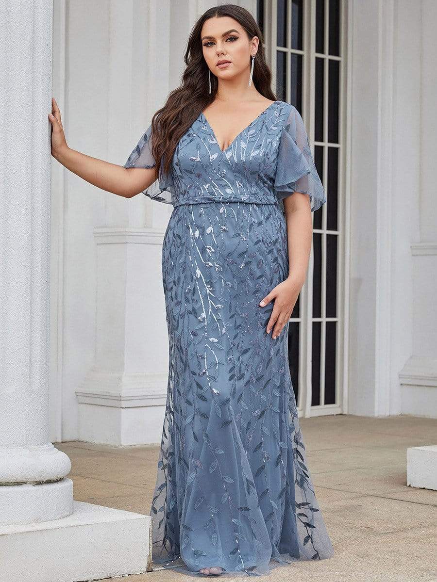 Fashion Plus Size V Neck Mermaid Sequin & Tulle Evening Dress #color_Dusty Navy