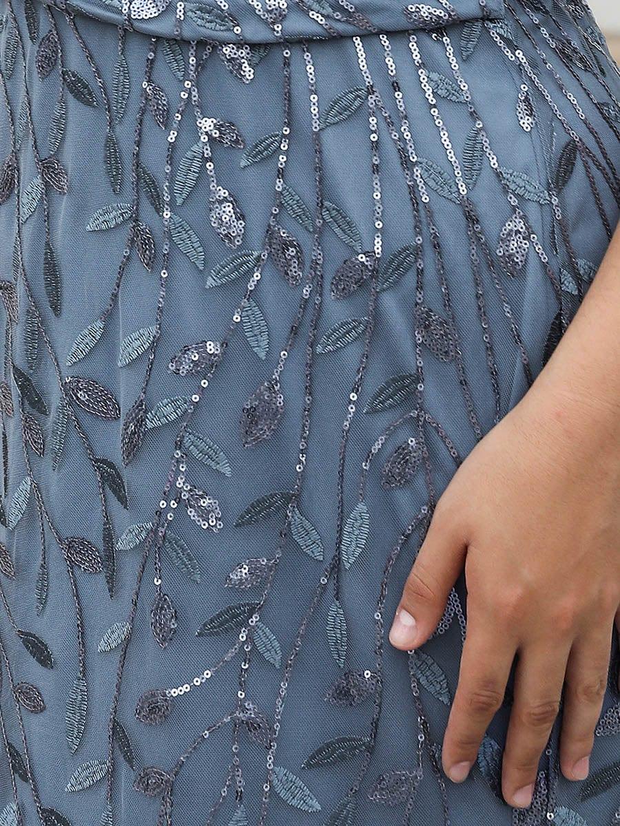 Shiny V Neck Leaf-Sequined Bodycon Formal Evening Dresses #color_Dusty Blue