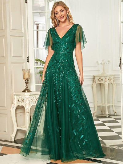 Elegant Ruffle Sleeves Maxi Sequin Mother of the Bride Dress #color_Dark Green 