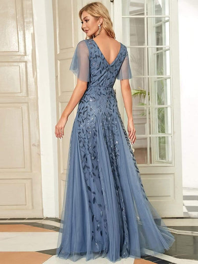 Elegant Ruffle Sleeves Maxi Sequin Mother of the Bride Dress #color_Dusty Blue