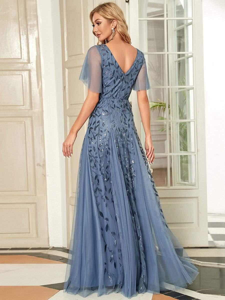 Shimmery V Neck Ruffle Sleeves Sequin Maxi Long Evening Dress #color_Dusty Blue
