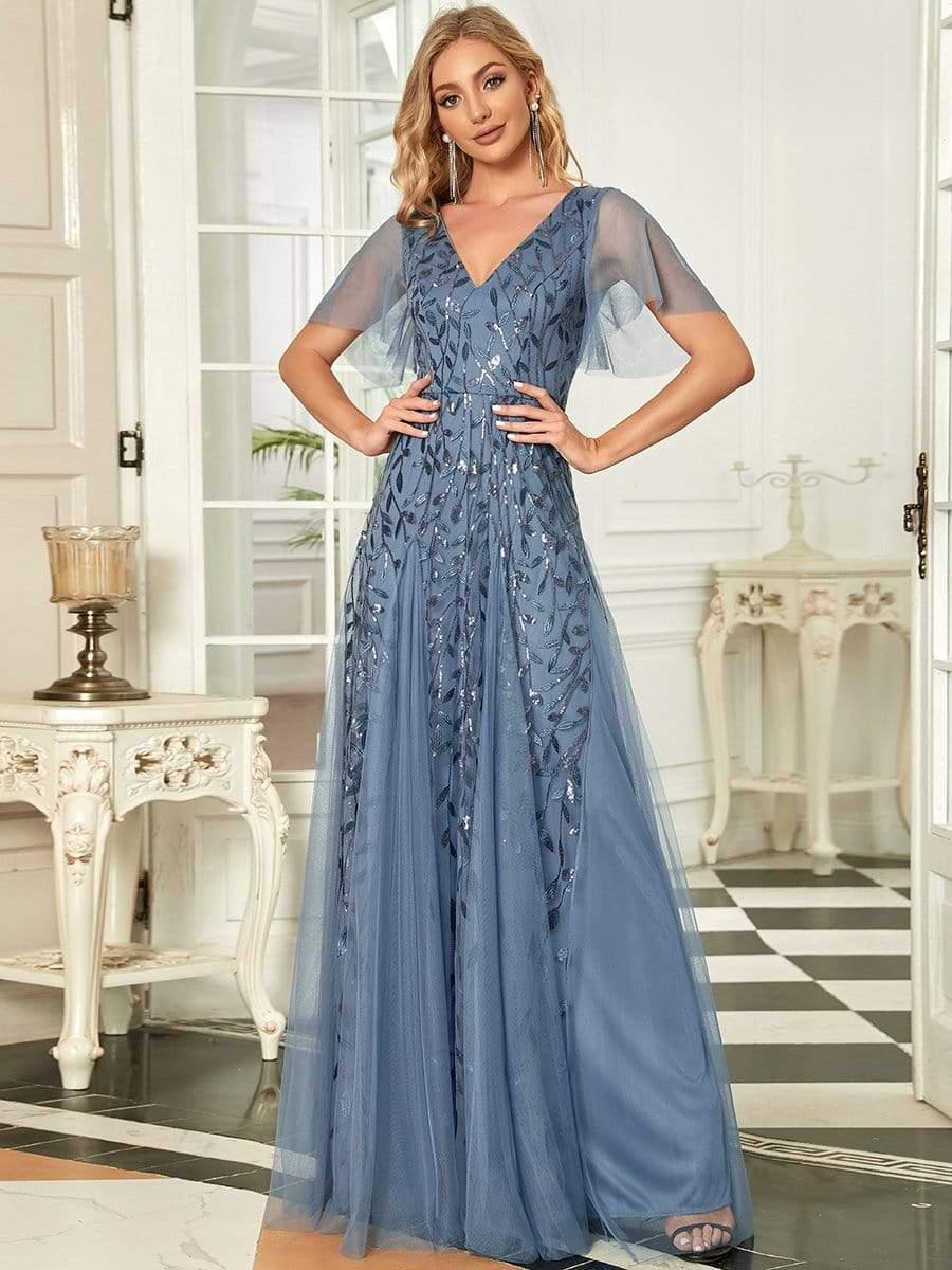 Elegant Ruffle Sleeves Maxi Sequin Mother of the Bride Dress #color_Dusty Blue