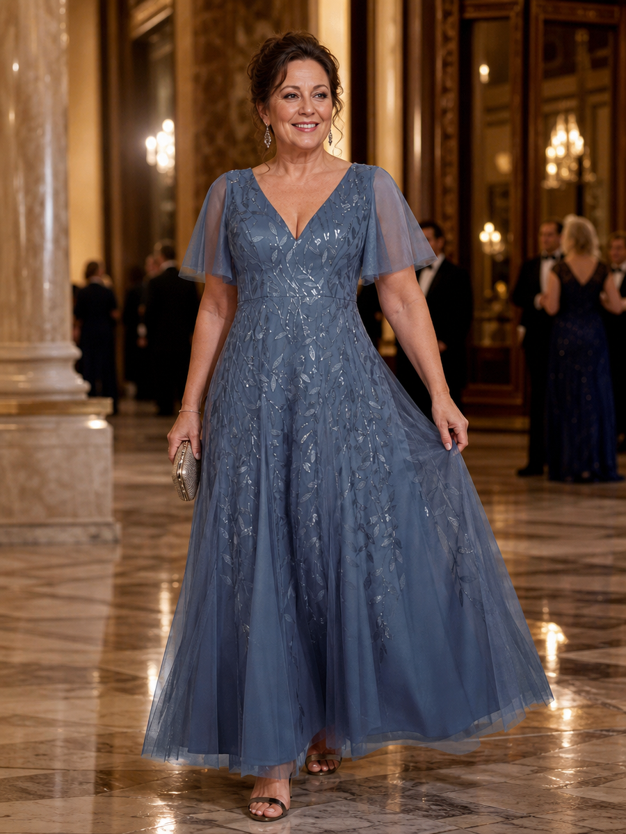 Shimmery V Neck Ruffle Sleeves Sequin Maxi Long Evening Dress #color_Dusty Blue