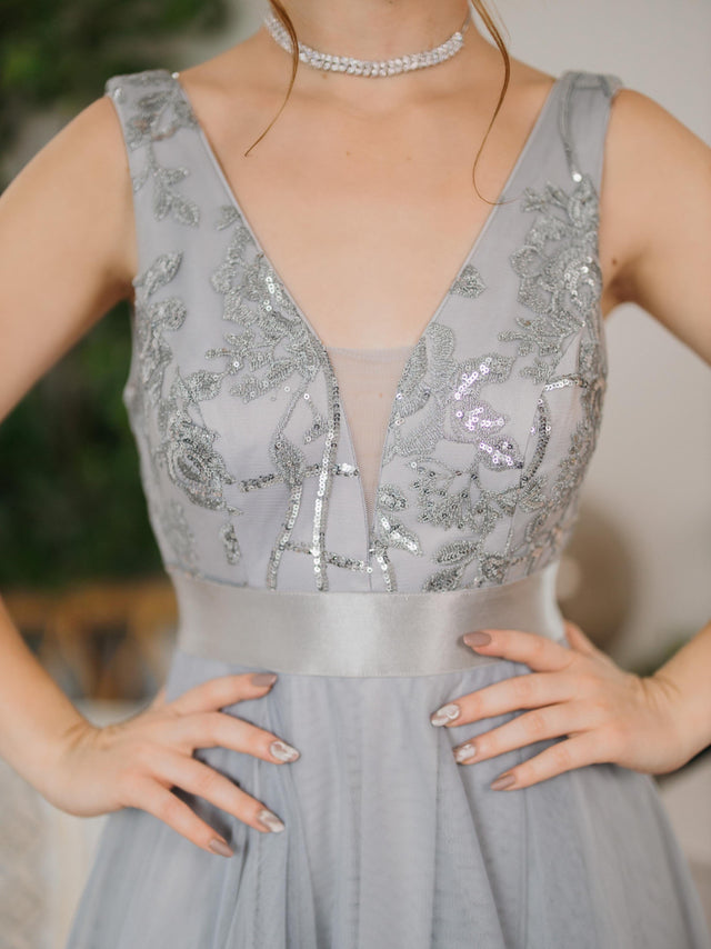 pretty SASHIA|Plus Size Sequin High-Low Deep V Neck Tulle Evening Dresses Fan Photos 8
