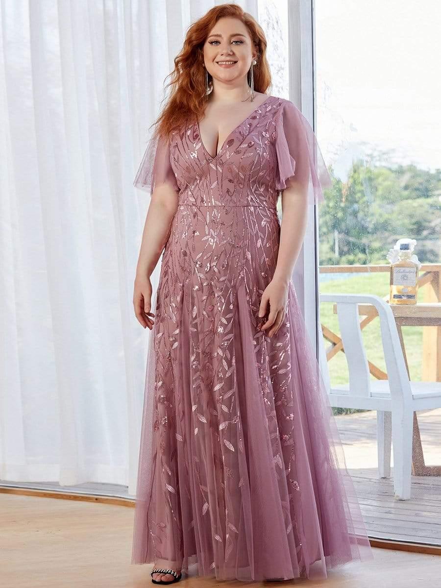 Elegant Ruffle Sleeves Maxi Sequin Mother of the Bride Dress #color_Purple Orchid 
