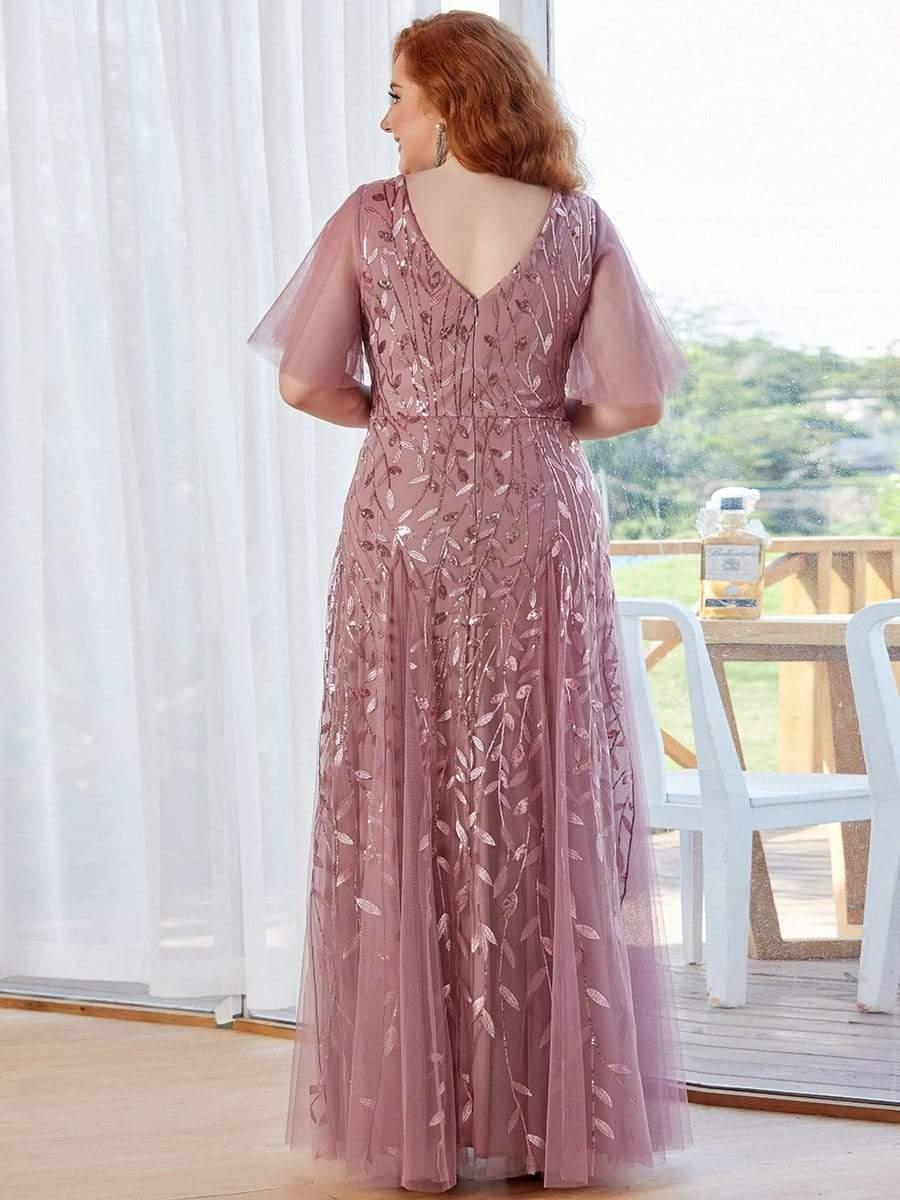 Shimmery V Neck Ruffle Sleeves Sequin Maxi Long Evening Dress #color_Purple Orchid 