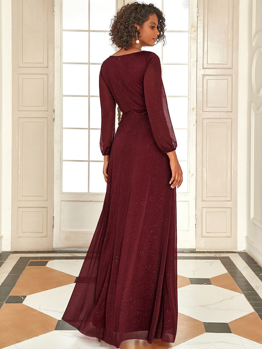 Women's Sexy Long Sleeve V-Neck Shiny Evening Dress #color_Burgundy